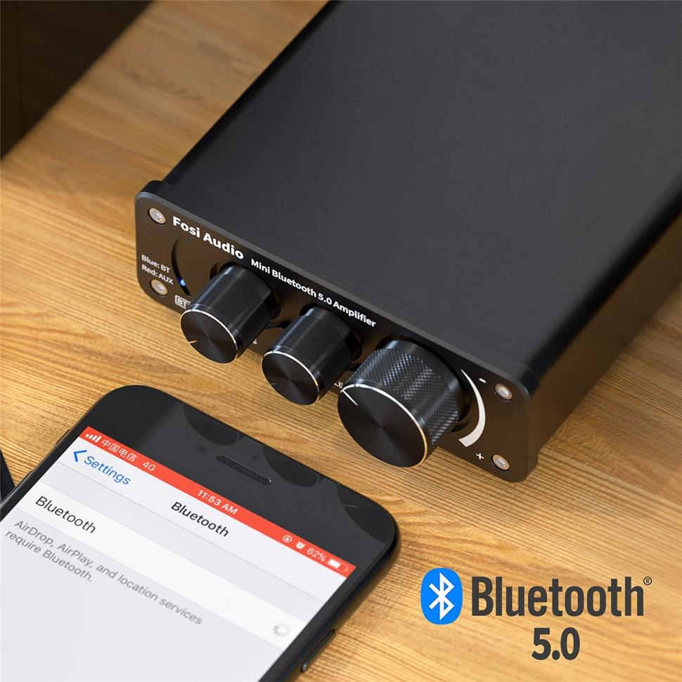 Bluetooth 2 Channel Sound Power Stereo Amplifier with treble and bass controls, compact design, and Bluetooth 5.0 connectivity.